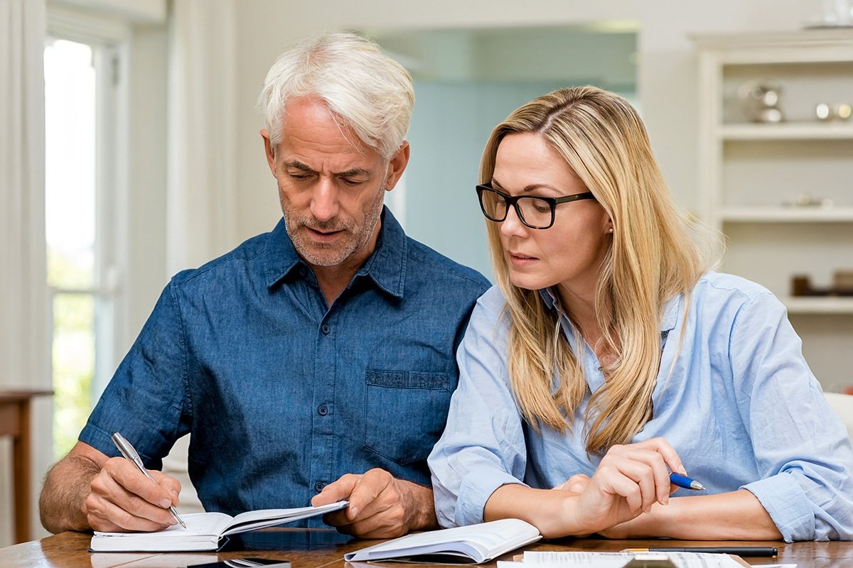 Couple reviews estate planning documents.